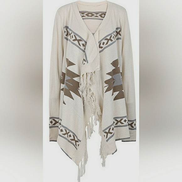 Vintage Boho Large Wool Southwestern Aztec Native Fringe Shaw Wrap Cardigan - Picture 1 of 7